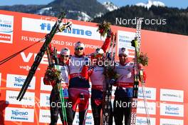 01.03.2013, Val di Fiemme, Italy (ITA): (l-r) Sjur Roethe (NOR), Fischer, KV+, Salomon, Swix , Petter Northug (NOR), Fischer, Swix, Alpina, Rottefella, Eldar Roenning (NOR), Rorrignol, Swix, Rottefella and Tord Asle Gjerdalen (NOR), Atomic, One Way, Salomon, Swix, Skigo - FIS nordic world ski championships, cross-country, 4x10km men, Val di Fiemme (ITA). www.nordicfocus.com. © Laiho/NordicFocus. Every downloaded picture is fee-liable.