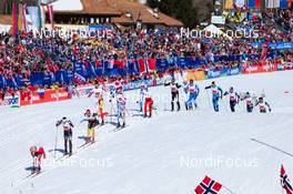 01.03.2013, Val di Fiemme, Italy (ITA): (l-r) Tord Asle Gjerdalen (NOR), Atomic, One Way, Salomon, Swix, Skigo, Andrew Nevell (USA), Fischer, Swix, Salomon, Hannes Dotzler (GER), Fischer, Swix, Alpina, Rottefella, Adidas, Len Valjas (CAN), Fischer, Swix, Alpina, Rottefella and Mathias Wibault (FRA), Fischer, Swix, Rottefella, One Way - FIS nordic world ski championships, cross-country, 4x10km men, Val di Fiemme (ITA). www.nordicfocus.com. © Laiho/NordicFocus. Every downloaded picture is fee-liable.