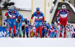 23.02.2013, Val di Fiemme, Italy (ITA): (l-r) Alexander Legkov (RUS), Rossignol, Swix, Rottefella, Adidas, Evgeniy Belov (RUS), Fischer, Swix, Alpina, Rottefella, Adidas and Petter Northug (NOR), Fischer, Swix, Alpina, Rottefella  - FIS nordic world ski championships, cross-country, skiathlon men, Val di Fiemme (ITA). www.nordicfocus.com. © Laiho/NordicFocus. Every downloaded picture is fee-liable.