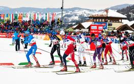 23.02.2013, Val di Fiemme, Italy (ITA): l-r: Giorgio Di Centa (ITA), Curdin Perl (SUI), Petter Northug (NOR), Anders Soedergren (SWE), Keishin Yoshida (JPN), Johannes Duerr (AUT), Dario Cologna (SUI) - FIS nordic world ski championships, cross-country, skiathlon men, Val di Fiemme (ITA). www.nordicfocus.com. © Felgenhauer/NordicFocus. Every downloaded picture is fee-liable.