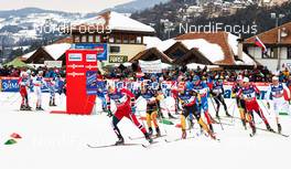 23.02.2013, Val di Fiemme, Italy (ITA): l-r: Sjur Roethe (NOR), Marcus Hellner (SWE), Eldar Roenning (NOR), Jens Filbrich (GER), Hannes Dotzler (GER), Alexander Legkov (RUS), Dario Cologna (SUI), Martin Johnsrud Sundby (NOR), Daniel Richardsson (SWE) - FIS nordic world ski championships, cross-country, skiathlon men, Val di Fiemme (ITA). www.nordicfocus.com. © Felgenhauer/NordicFocus. Every downloaded picture is fee-liable.