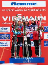 23.02.2013, Val di Fiemme, Italy (ITA): l-r:  Therese Johaug (NOR), Marit Bjoergen (NOR), Heidi Weng (NOR) - FIS nordic world ski championships, cross-country, skiathlon women, Val di Fiemme (ITA). www.nordicfocus.com. © Felgenhauer/NordicFocus. Every downloaded picture is fee-liable.