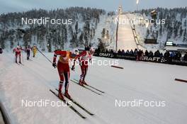 29.11.2013, Kuusamo, Finland (FIN): (l-r) Petter Northug (NOR), Fischer, Swix, Alpina, Rottefella and Eirik Brandsdal (NOR), Fischer, Swix, Alpina, Rottefella - FIS world cup cross-country, individual sprint, Kuusamo (FIN). www.nordicfocus.com. © Laiho/NordicFocus. Every downloaded picture is fee-liable.