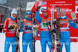 08.12.2013, Lillehammer, Norway (NOR): (l-r) Alexander Legkov (RUS), Rossignol, Swix, Rottefella, Adidas, Maxim Vylegzhanin (RUS), Fischer, Swix, Alpina, Rottefella, Adidas, Alexander Bessmertnykh (RUS), Madshus, Swix, Alpina, Rottefella, Adidas and Dmitriy Japarov (RUS), Fischer, Swix, Alpina, Rottefella, Adidas - FIS world cup cross-country, 4x7.5km men, Lillehammer (NOR). www.nordicfocus.com. © Laiho/NordicFocus. Every downloaded picture is fee-liable.
