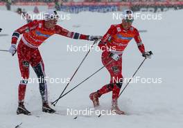 08.12.2013, Lillehammer, Norway (NOR): (l-r) Paal Golberg (NOR), Madshus, Swix, Rottefella and Didrik Toenseth (NOR), Madshus, Swix, Alpina, Rottefella, Skigo - FIS world cup cross-country, 4x7.5km men, Lillehammer (NOR). www.nordicfocus.com. © Laiho/NordicFocus. Every downloaded picture is fee-liable.