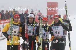 05.01.2013, Schonach, Germany (GER): l-r:  Bjoern Kircheisen (GER), Fischer, Leki, Rottefella, Adidas, Tino Edelmann (GER), Madshus, Leki, Rottefella, Adidas, Eric Frenzel (GER), Fischer, Leki, Salomon, Adidas, Johannes Rydzek (GER), Fischer, Swix, Rottefella, Adidas  - FIS world cup nordic combined, team HS106/4x5km, Schonach (GER). www.nordicfocus.com. © Domanski/NordicFocus. Every downloaded picture is fee-liable.
