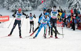 13.01.2013, Chaux-Neuve, France (FRA): (l-r) Bill Demong (USA), Atomic, Swix, Giuseppe Michielli (ITA), Rossignol, Rottefella and Taylor Fletcher (USA), Atomic, Swix  - FIS world cup nordic combined, team sprint HS118/2x7.5km, Chaux-Neuve (FRA). www.nordicfocus.com. © Becker/NordicFocus. Every downloaded picture is fee-liable.