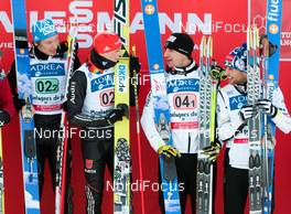 13.01.2013, Chaux-Neuve, France (FRA): (l-r) Tino Edelmann (GER), Madshus, Leki, Rottefella, Adidas, Eric Frenzel (GER), Fischer, Leki, Salomon, Adidas, Sebastian Lacroix (FRA), Atomic, Salomon, One Way and Jason Lamy Chappuis (FRA), Salomon, Swix, One Way - FIS world cup nordic combined, team sprint HS118/2x7.5km, Chaux-Neuve (FRA). www.nordicfocus.com. © Becker/NordicFocus. Every downloaded picture is fee-liable.