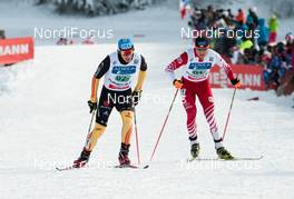 13.01.2013, Chaux-Neuve, France (FRA): (l-r) Tino Edelmann (GER), Madshus, Leki, Rottefella, Adidas and Bernhard Gruber (AUT), Fischer, Rottefella, Loeffler - FIS world cup nordic combined, team sprint HS118/2x7.5km, Chaux-Neuve (FRA). www.nordicfocus.com. © Becker/NordicFocus. Every downloaded picture is fee-liable.