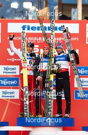 28.02.2013, Val di Fiemme, Italy (ITA): l-r: Bernhard Gruber (AUT), Eric Frenzel (GER), Jason Lamy Chappuis (FRA) - FIS nordic world ski championships, nordic combined, individual gundersen HS134/10km, Val di Fiemme (ITA). www.nordicfocus.com. © Felgenhauer/NordicFocus. Every downloaded picture is fee-liable.