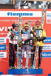 22.02.2013, Val di Fiemme, Italy (ITA): Mario Stecher (AUT), Jason Lamy Chappuis (FRA), Bjoern Kircheisen (GER) - FIS nordic world ski championships, nordic combined, individual gundersen HS106/10km, Val di Fiemme (ITA). www.nordicfocus.com. © Felgenhauer/NordicFocus. Every downloaded picture is fee-liable.