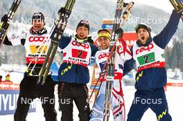 24.02.2013, Val di Fiemme, Italy (ITA): l-r: Sebastien Lacroix (FRA), Francois Braud (FRA), Jason Lamy Chappuis (FRA), Maxime Laheurte (FRA) - FIS nordic world ski championships, nordic combined, team HS106/4x5km, Val di Fiemme (ITA). www.nordicfocus.com. © Felgenhauer/NordicFocus. Every downloaded picture is fee-liable.