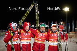 01.12.2013, Kuusamo, Finland (FIN): Team Norway: Joergen Grabaak (NOR), Magnus Krog (NOR), Mikko Kokslien (NOR), Haavard Klemetsen (NOR), (l-r) - FIS world cup nordic combined, team HS142/4x5km, Kuusamo (FIN). www.nordicfocus.com. © Felgenhauer/NordicFocus. Every downloaded picture is fee-liable.