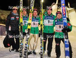 09.03.2013, Lahti, Finland (FIN): (l-r) Alexander Stoeckl (AUT), the trainer of team Norway, Anders Bardal (NOR), Fischer, Rune Velta (NOR), Fischer, Andreas Stjernen (NOR), Fischer and Anders Jacobsen (NOR), Fluege.de - FIS world cup ski jumping, team HS130, Lahti (FIN). www.nordicfocus.com. © Laiho/NordicFocus. Every downloaded picture is fee-liable.