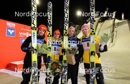 09.03.2013, Lahti, Finland (FIN): (l-r) Andreas Wank (GER), Fischer, Richard Freitag (GER), Fischer, Michael Neumayer (GER), Fischer and Severin Freund (GER), Fischer - FIS world cup ski jumping, team HS130, Lahti (FIN). www.nordicfocus.com. © Laiho/NordicFocus. Every downloaded picture is fee-liable.