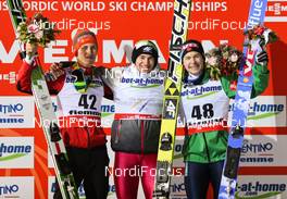 28.02.2013, Val di Fiemme, Italy (ITA):  (l-r) Peter Prevc (SLO), Kamil Stoch (POL), Fischer and Anders Jacobsen (NOR), Fluege.de - FIS nordic world ski championships, ski jumping, individual HS134, Val di Fiemme (ITA). www.nordicfocus.com. © Laiho/NordicFocus. Every downloaded picture is fee-liable.