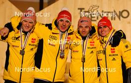 02.03.2013, Val di Fiemme, Italy (ITA): (l-r) Severin Freund (GER), Fischer, Andreas Wank (GER), Fischer, Michael Neumayer (GER), Fischer and Richard Freitag (GER), Fischer - FIS nordic world ski championships, ski jumping, team HS134, Val di Fiemme (ITA). www.nordicfocus.com. © Laiho/NordicFocus. Every downloaded picture is fee-liable.