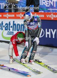 02.03.2013, Val di Fiemme, Italy (ITA): (l-r) Manuel Fettner (AUT), Fluege.de and Thomas Morgenstern (AUT), Fischer - FIS nordic world ski championships, ski jumping, team HS134, Val di Fiemme (ITA). www.nordicfocus.com. © Laiho/NordicFocus. Every downloaded picture is fee-liable.