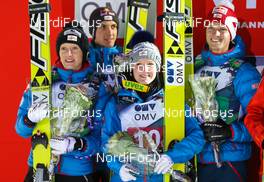 06.12.2013, Lillehammer, Norway (NOR): (l-r) Daniela Iraschko (AUT), Fischer, Gregor Schlierenzauer (AUT), Fischer, Jacqueline Seifriedsberger (AUT), Fischer and Thomas Morgenstern (AUT), Fischer  - FIS world cup ski jumping, mixed team HS106, Lillehammer (NOR). www.nordicfocus.com. © Laiho/NordicFocus. Every downloaded picture is fee-liable.