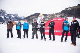 19.12.2013, Engelberg, Switzerland (SUI): Simon Ammann (SUI), Marco Grigoli (SUI), +mpk+, Pascal Egloff (SUI), Gregor Deschwanden (SUI)  - FIS world cup ski jumping, training, Engelberg (SUI). www.nordicfocus.com. © Manzoni/NordicFocus. Every downloaded picture is fee-liable.