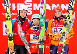 22.12.2013, Hinterzarten, Germany (GER): (l-r) Irina Avvakumova (RUS), Fischer, Sara Takanashi (JPN), Elan and Carina Vogt (GER), Fischer - FIS world cup ski jumping ladies, individual HS106, Hinterzarten (GER). www.nordicfocus.com. © Laiho/NordicFocus. Every downloaded picture is fee-liable.