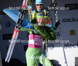 03.03.2013, Mora, Sweden (SWE): Laila Kveli (NOR) celebrates, Seraina Boner (SUI) applaudes - FIS Marathon Cup Vasaloppet, Mora (SWE). www.nordicfocus.com. © Rauschendorfer/NordicFocus. Every downloaded picture is fee-liable.