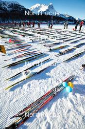 10.03.2013, St. Moritz, Switzerland (SUI): skis are ready at the start - FIS Marathon Cup Engadin Skimarathon, St. Moritz (SUI). www.nordicfocus.com. © Felgenhauer/NordicFocus. Every downloaded picture is fee-liable.