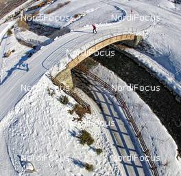 15.12.2013, Livigno, Italy (ITA): aerial of the race track at the bridge across the small river Spöl - FIS Marathon Cup La Sgambeda, Livigno (ITA). www.nordicfocus.com. © Rauschendorfer/NordicFocus. Every downloaded picture is fee-liable.
