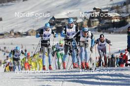 13.12.2013, Livigno, Italy (ITA):  leaders early at the classic race: Team Coop, l-r, Oskar Svaerd (SWE), Roger Aa Djupvik (NOR), Morten Eide Pedersen (NOR), Bill Impola (SWE) - Skimarathon La Sgambeda Classic, Livigno (ITA). www.nordicfocus.com. © Rauschendorfer/NordicFocus. Every downloaded picture is fee-liable.