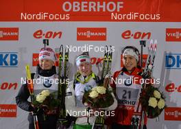 04.01.2014, Oberhof, Germany (GER): Kaisa Maekaeraeinen (FIN), Darya Domracheva (BLR), Synnoeve Solemdal (NOR) - IBU world cup biathlon, pursuit women, Oberhof (GER). www.nordicfocus.com. © Thonfeld/NordicFocus. Every downloaded picture is fee-liable.