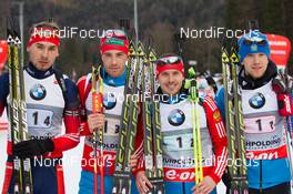 09.01.2014, Ruhpolding, Germany (GER): Anton Shipulin (RUS), Dmitry Malyshko (RUS), Evgeny Ustyugov (RUS), Alexey Volkov (RUS)  - IBU world cup biathlon, relay men, Ruhpolding (GER). www.nordicfocus.com. © Manzoni/NordicFocus. Every downloaded picture is fee-liable.