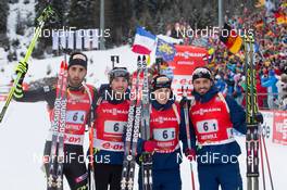 19.01.2014, Antholz, Italy (ITA): Martin Fourcade (FRA), Jean Guillaume Beatrix (FRA), Alexis Boeuf (FRA), Simon Fourcade (FRA) - IBU world cup biathlon, relay men, Antholz (ITA). www.nordicfocus.com. © Manzoni/NordicFocus. Every downloaded picture is fee-liable.