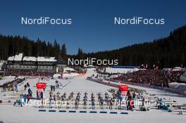09.03.2014, Pokljuka, Slovenia (SLO): Event Feature: View over the Stadium with all athletes lined up for the start - IBU world cup biathlon, mass men, Pokljuka (SLO). www.nordicfocus.com. © Manzoni/NordicFocus. Every downloaded picture is fee-liable.