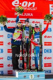 09.03.2014, Pokljuka, Slovenia (SLO): Martin Fourcade (FRA), Bjoern Ferry (SWE), Evgeny Ustyugov (RUS) - IBU world cup biathlon, mass men, Pokljuka (SLO). www.nordicfocus.com. © Manzoni/NordicFocus. Every downloaded picture is fee-liable.
