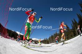 09.03.2014, Pokljuka, Slovenia (SLO): Darya Domracheva (BLR), Andrea Henkel (GER) - IBU world cup biathlon, mass women, Pokljuka (SLO). www.nordicfocus.com. © Manzoni/NordicFocus. Every downloaded picture is fee-liable.