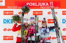 08.03.2014, Pokljuka, Slovenia (SLO): Tora Berger (NOR), Kaisa Maekaeraeinen (FIN), Dorothea Wierer (ITA) - IBU world cup biathlon, pursuit women, Pokljuka (SLO). www.nordicfocus.com. © Manzoni/NordicFocus. Every downloaded picture is fee-liable.