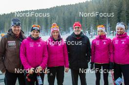 06.03.2014, Pokljuka, Slovenia (SLO): Markus Segessenmann (SUI) headcoach women and national coach Team Switzerland, Irene Cadurisch (SUI), Selina Gasparin (SUI), Aita Gasparin (SUI) with the swiss ambassador in Slovenia and physiotherapist Susanne Aegler (SUI) - IBU world cup biathlon, sprint women, Pokljuka (SLO). www.nordicfocus.com. © Manzoni/NordicFocus. Every downloaded picture is fee-liable.