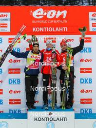 13.03.2014, Kontiolahti, Finland (FIN): (l-r) Martin Fourcade (FRA), Rossignol, One Way, Rottefella, Johannes Thingnes Boe (NOR), Fischer, Rottefella, Swix, Odlo, Alpina and Arnd Peiffer (GER), Fischer, Salomon, OneWay, adidas - IBU world cup biathlon, sprint men, Kontiolahti (FIN). www.nordicfocus.com. © Laiho/NordicFocus. Every downloaded picture is fee-liable.