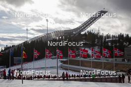 23.03.2014, Oslo, Norway (NOR): Event Feature: View over the stadium with the jumping hill - IBU world cup biathlon Holmenkollen, mass men, Oslo (NOR). www.nordicfocus.com. © Manzoni/NordicFocus. Every downloaded picture is fee-liable.