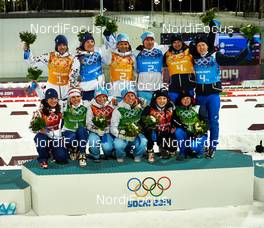 19.02.2014, Sochi, Russia (RUS): complete podium - XXII. Olympic Winter Games Sochi 2014, biathlon, relay mixed, Sochi (RUS). www.nordicfocus.com. © NordicFocus. Every downloaded picture is fee-liable.