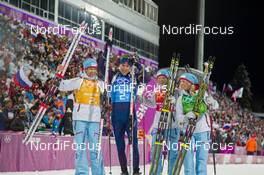 19.02.2014, Sochi, Russia (RUS): Ole Einar Bjoerndalen (NOR), Emil Hegle Svendsen (NOR), Tora Berger (NOR), Tiril Ekhoff (NOR) - XXII. Olympic Winter Games Sochi 2014, biathlon, relay mixed, Sochi (RUS). www.nordicfocus.com. © NordicFocus. Every downloaded picture is fee-liable.
