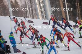 19.02.2014, Sochi, Russia (RUS): Veronika Vitkova (CZE), Marie Dorin (FRA), Megan Imrie (CAN), Tora Berger (NOR), Evi Sachenbacher (GER), Susan Dunklee (USA) - XXII. Olympic Winter Games Sochi 2014, biathlon, relay mixed, Sochi (RUS). www.nordicfocus.com. © NordicFocus. Every downloaded picture is fee-liable.