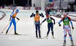 19.02.2014, Sochi, Russia (RUS): Ole Einar Bjoerndalen (NOR), Tiril Eckhoff (NOR), (l-r) - XXII. Olympic Winter Games Sochi 2014, biathlon, relay mixed, Sochi (RUS). www.nordicfocus.com. © NordicFocus. Every downloaded picture is fee-liable.