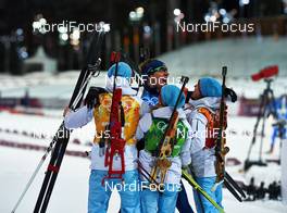 19.02.2014, Sochi, Russia (RUS): Ole Einar Bjoerndalen (NOR), Emil Hegle Svendsen (NOR), Tiril Eckhoff (NOR), Tora Berger (NOR), (l-r) - XXII. Olympic Winter Games Sochi 2014, biathlon, relay mixed, Sochi (RUS). www.nordicfocus.com. © NordicFocus. Every downloaded picture is fee-liable.