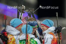 19.02.2014, Sochi, Russia (RUS): Emil Hegle Svendsen (NOR), Ole Einar Bjoerndalen (NOR), Tora Berger (NOR), Tiril Ekhoff (NOR) - XXII. Olympic Winter Games Sochi 2014, biathlon, relay mixed, Sochi (RUS). www.nordicfocus.com. © NordicFocus. Every downloaded picture is fee-liable.