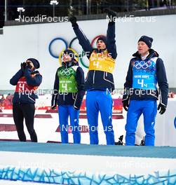 19.02.2014, Sochi, Russia (RUS): Dorothea Wierer (ITA), Karin Oberhofer (ITA), Dominik Windisch (ITA), Lukas Hofer (ITA), (l-r) - XXII. Olympic Winter Games Sochi 2014, biathlon, relay mixed, Sochi (RUS). www.nordicfocus.com. © NordicFocus. Every downloaded picture is fee-liable.