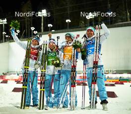 19.02.2014, Sochi, Russia (RUS): Tora Berger (NOR), Tiril Eckhoff (NOR), Ole Einar Bjoerndalen (NOR), Emil Hegle Svendsen (NOR), (l-r) - XXII. Olympic Winter Games Sochi 2014, biathlon, relay mixed, Sochi (RUS). www.nordicfocus.com. © NordicFocus. Every downloaded picture is fee-liable.