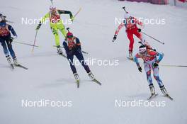 19.02.2014, Sochi, Russia (RUS): Veronika Vitkova (CZE), Tora Berger (NOR), Krystyna Palka (POL), Jana Gerekova (SVK) - XXII. Olympic Winter Games Sochi 2014, biathlon, relay mixed, Sochi (RUS). www.nordicfocus.com. © NordicFocus. Every downloaded picture is fee-liable.