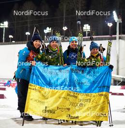 21.02.2014, Sochi, Russia (RUS): Vita Semerenko (UKR), Juliya Dzhyma (UKR), Olena Pidhrushna (UKR), Valj Semerenko (UKR), (l-r) - XXII. Olympic Winter Games Sochi 2014, biathlon, relay women, Sochi (RUS). www.nordicfocus.com. © NordicFocus. Every downloaded picture is fee-liable.