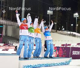 21.02.2014, Sochi, Russia (RUS): Fanny Welle-Strand Horn (NOR), Tiril Eckhoff (NOR), Ann Kristin Aafedt Flatland (NOR), Tora Berger (NOR), (l-r) - XXII. Olympic Winter Games Sochi 2014, biathlon, relay women, Sochi (RUS). www.nordicfocus.com. © NordicFocus. Every downloaded picture is fee-liable.